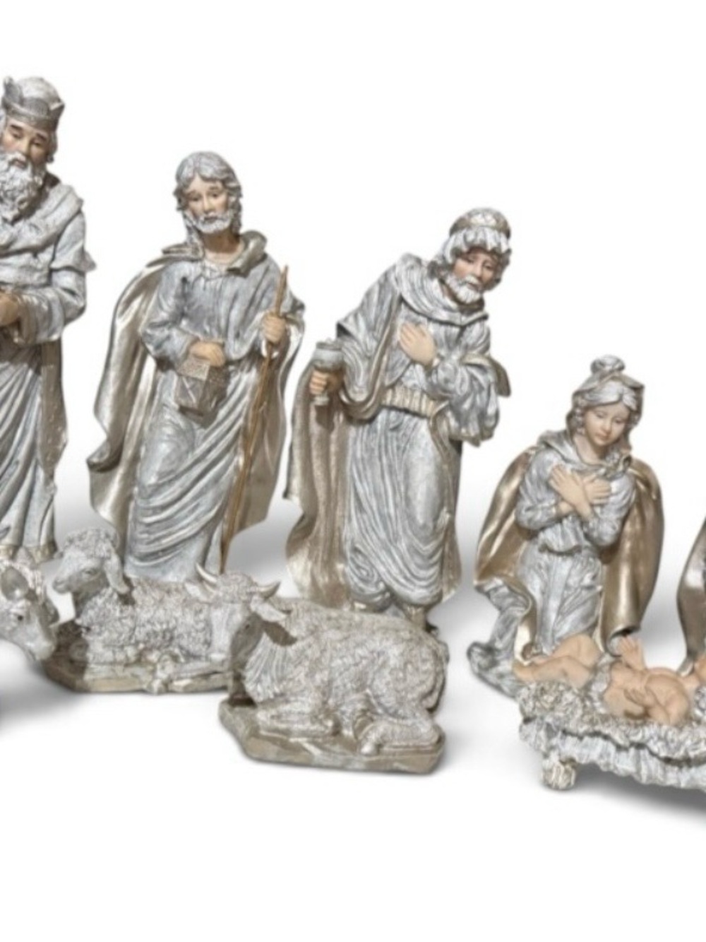 Christmas Nativity Set ~ Silver Toned ~ Biblical Scene ~ Resin Scuptures